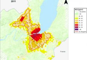 Carte des immissions de dioxyde d'azote (NO2) pour 2011 sur le territoire genevois. 