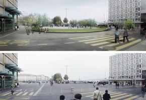 En haut, le projet de la nouvelle place du Rhône, en bas, le site aujourd’hui. DR 