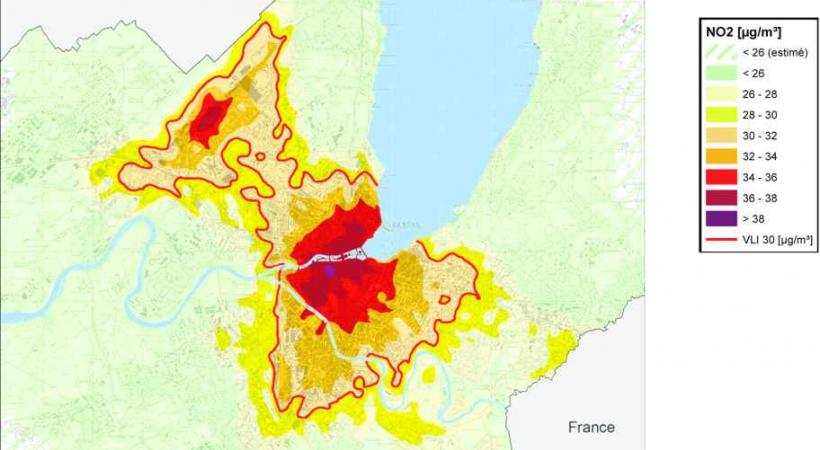 Carte des immissions de dioxyde d'azote (NO2) pour 2011 sur le territoire genevois. 
