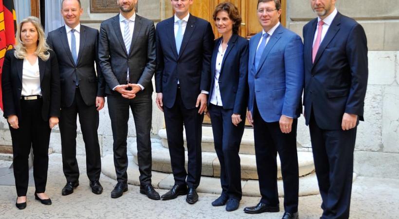 Les conseillers d’Etat élus en 2018: de gauche à droite, Nathalie Fontanet (PLR), Serge Dal Busco (PDC), Antonio Hodgers (Vert), Pierre Maudet (candidat à l’élection partielle du 7 mars), Anne Emery-Torracinta (PS), Mauro Poggia (MCG) et Thierry Apothéloz (PS). STéPHANE CHOLLET