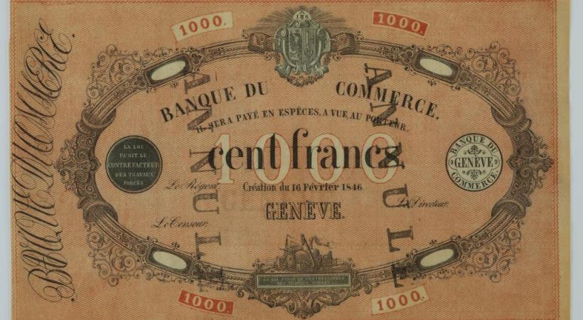 Essai pour un billet de 1000 francs avec éléments du billet de 100 francs d’Auguste André Bovet (Genève, 1799 – Genève, 1864). MAH DE GENèVE