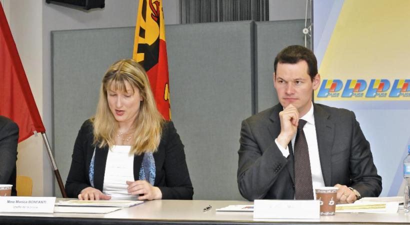Monica Bonfanti, cheffe de la police, et Pierre Maudet, conseiller d’Etat en charge  du Département de la sécurité. DAVID ROSEMBAUM-KATZMAN 