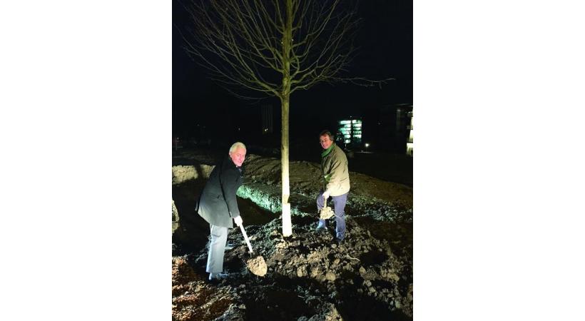 Luc Barthassat, magistrat en charge de l’Environnement et  Roger Beer, chef des arbres et de la nature de la Ville de Genève, plante un tilleul au Parc Rigot. DR 