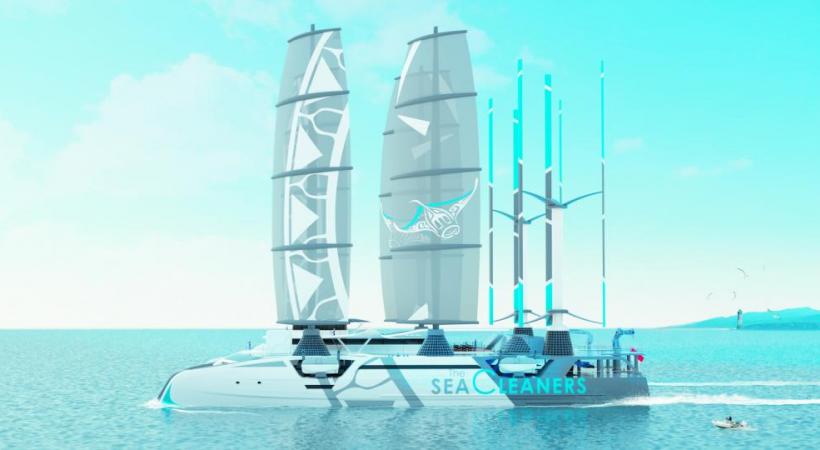 Le «Manta» (en médaillon) pourra collecter jusqu’à 600 m3 de déchets plastiques sans impacter la faune marine, les trier et les compacter. PHOTOMONTAGE  123RF/BRUNO ROSA/GHI/DR 